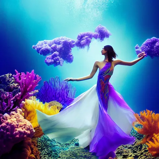 Image similar to woman dancing underwater wearing a flowing dress made of blue, magenta, and yellow seaweed, delicate coral sea bottom, swirling silver fish, swirling smoke shapes, octane render, caustics lighting from above, cinematic, hyperdetailed