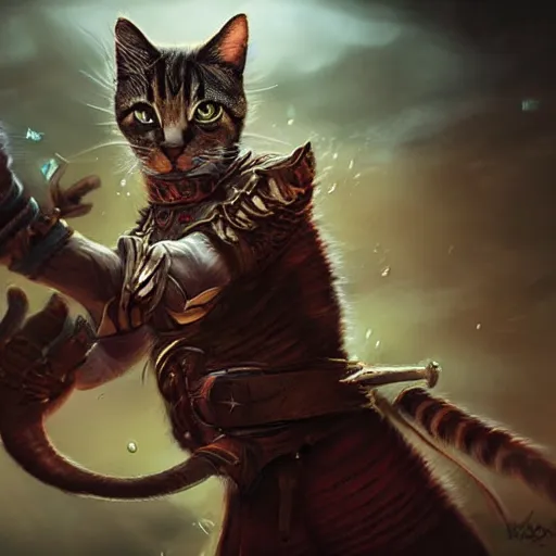 Image similar to a hyper realistic cat warrior, ultra detailed, magic the gathering art, digital art, cinematic, studio lighting, background battlefield, fantasy,