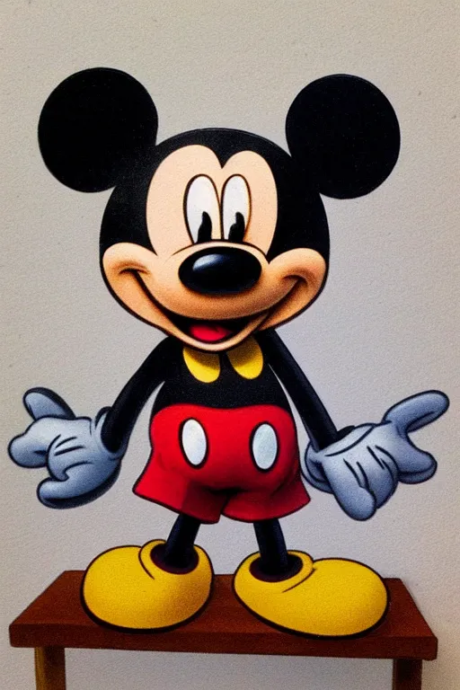 Prompt: “mickey mouse sits on a shelf, super realistic, extremely high detail