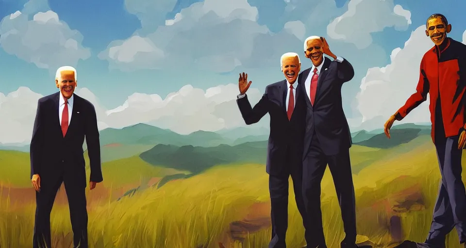 Image similar to a painting of Obama and Joe biden on a hill, a screenshot by Zack Snyder, behance contest winner, afrofuturism, concert poster, behance hd, movie poster,