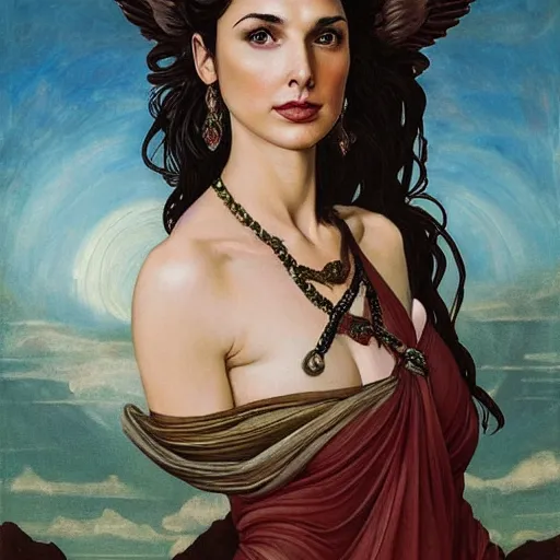 Image similar to Full body oil painting of the beautiful goddess Gal Gadot as Artemisa, she is wearing roman clothes and a surreal jewelry, her hair is natural disheveled, she is approaching heaven over the clouds, naturalism, dramatic lighting, high-detailed oil painting by Ilya Repin, Michelangelo da Caravaggio, William Blake, Alex Grey and Beksinski, trending on Artsation, hystorical painting, naturalism, masterpiece, 4k, 8k,