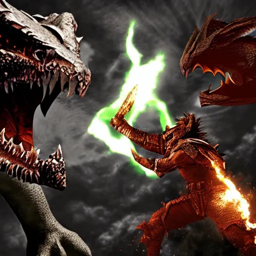 Prompt: dragonborn vs ultimate evil epic fight dramatic lighting extreme details