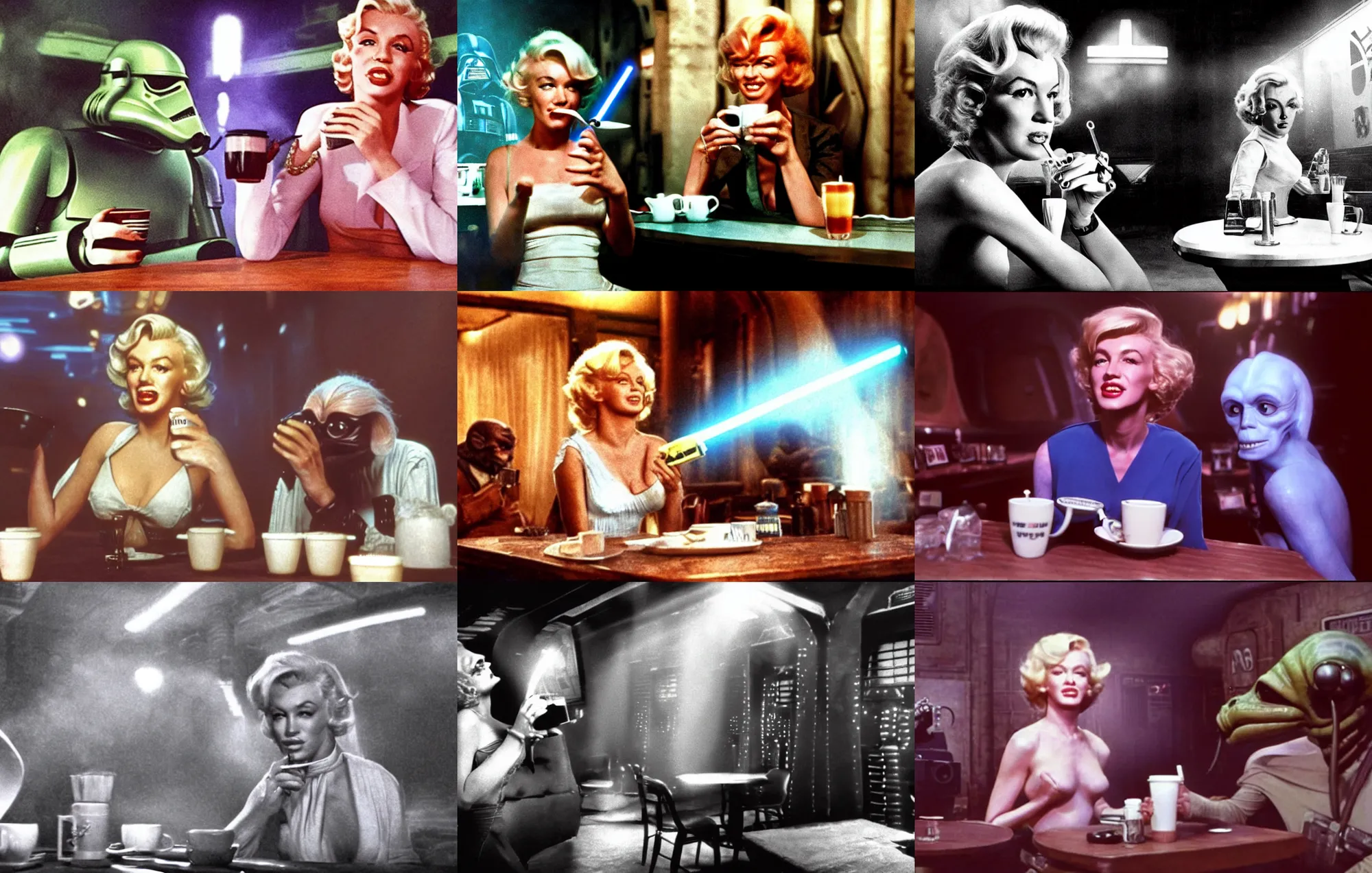 Image similar to A long-shot, color cinema film still of a Marlin Monroe drinking coffee in the Mos Eisley's Tavern, Two aliens around, misty, studio lighting; from Star Wars(1977)