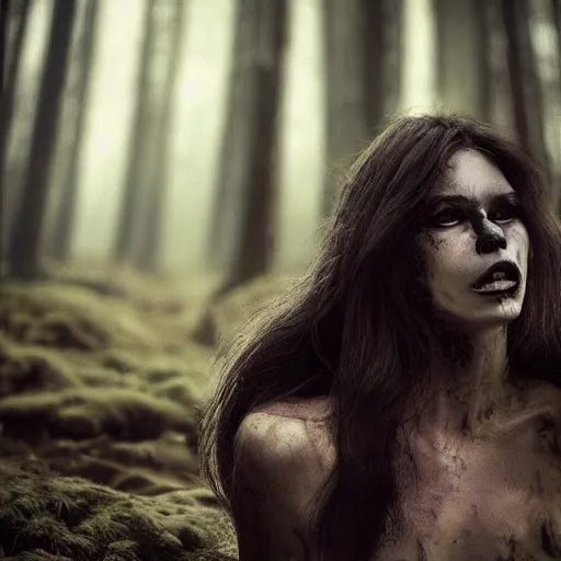 Image similar to photo of a beautiful woman partially transforming into a werewolf, in the moonlit forest. physiological transformation ; hybrid creature. highly - detailed ; photorealistic.