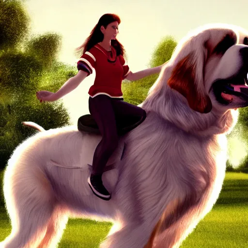 Prompt: girl riding a giant saint Bernard in the park, trending on artstation