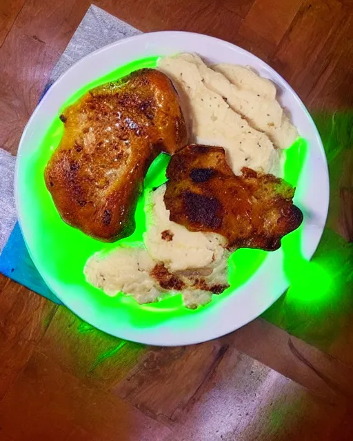 Prompt: porkchops and mashed potatoes made out of green gaming LED, HD, trending on artstation, instagram post, /r/razer,