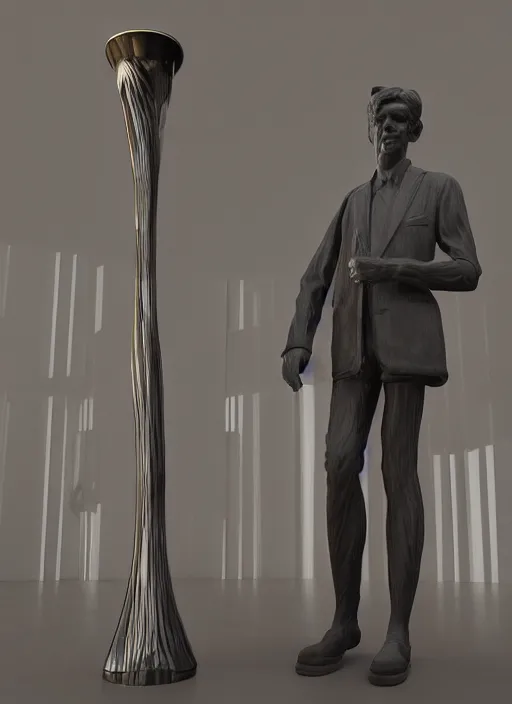 Image similar to a sculpture of a man standing next to a tall vase, a raytraced image by Hikari Shimoda, polycount, video art, vray tracing, ray tracing, rendered in unreal engine