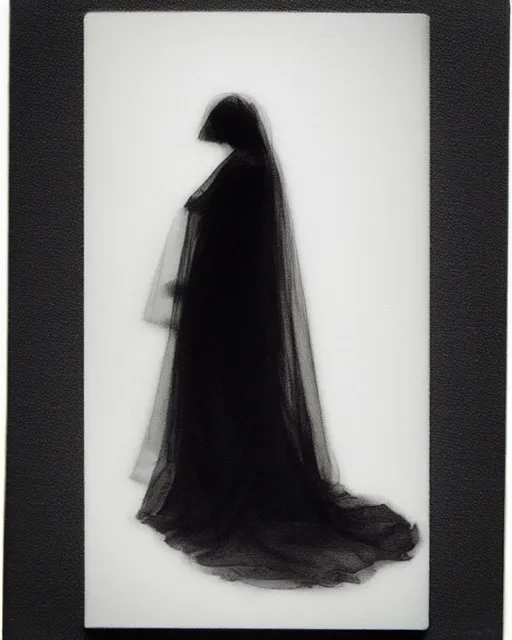 Image similar to photorealism, polaroid, black and white, woman's silhouette, black veil, impressionism