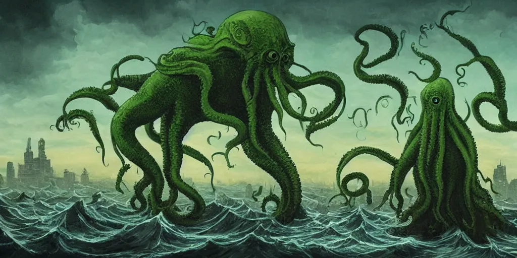 Image similar to a giant cthulhu threatening a city from the horizon while people are terrified, year 1920, digital art, shades of green