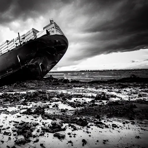 Image similar to crashed cargo ship leaking mysterious black gooey liquid, mysterious black slime, black gooey liquid leaking out of crashed cargo ship, apocalyptic, ruined, container ship, crashed, 8 5 mm f / 1. 4