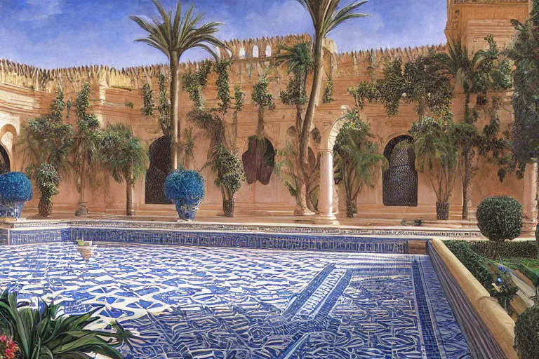 Prompt: painting of a beautiful moorish palace courtyard garden, by ludwig deutsch and donato giancola, patterned tilework, palm trees, tiled fountains, extremely detailed, cinematic lighting, smooth sharp focus