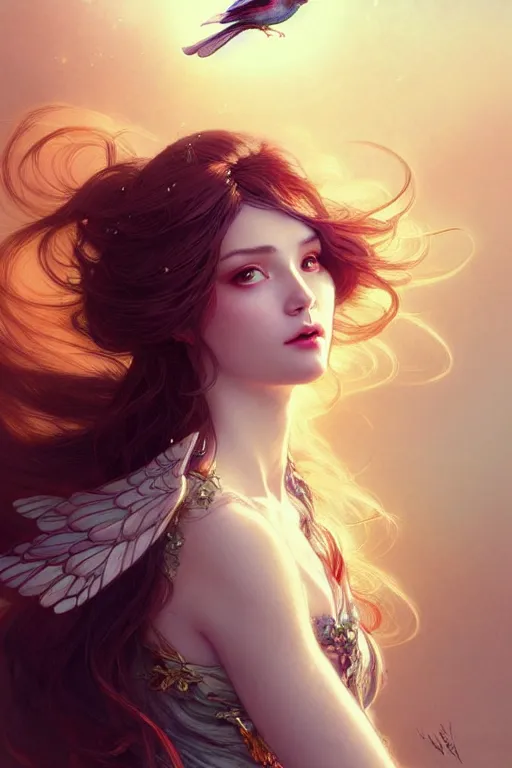 Prompt: portrait of woman with flowy hair, bird wings, confident pose, pixie, genshin impact, intricate, elegant, sharp focus, illustration, highly detailed, concept art, matte, trending on artstation, bright colors, art by wlop and artgerm and greg rutkowski, mucha, marvel comics