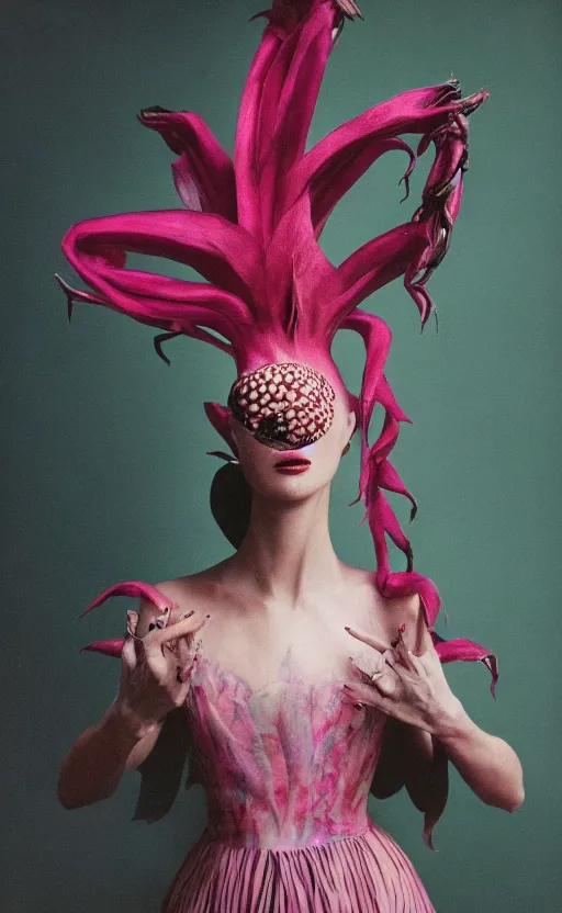 Image similar to fashion photography of a woman wearing a dress inspired by a dragon fruit, artistic photography, insanely detailed, chiaroscuro, cinestill 8 0 0 t, vogue magazine