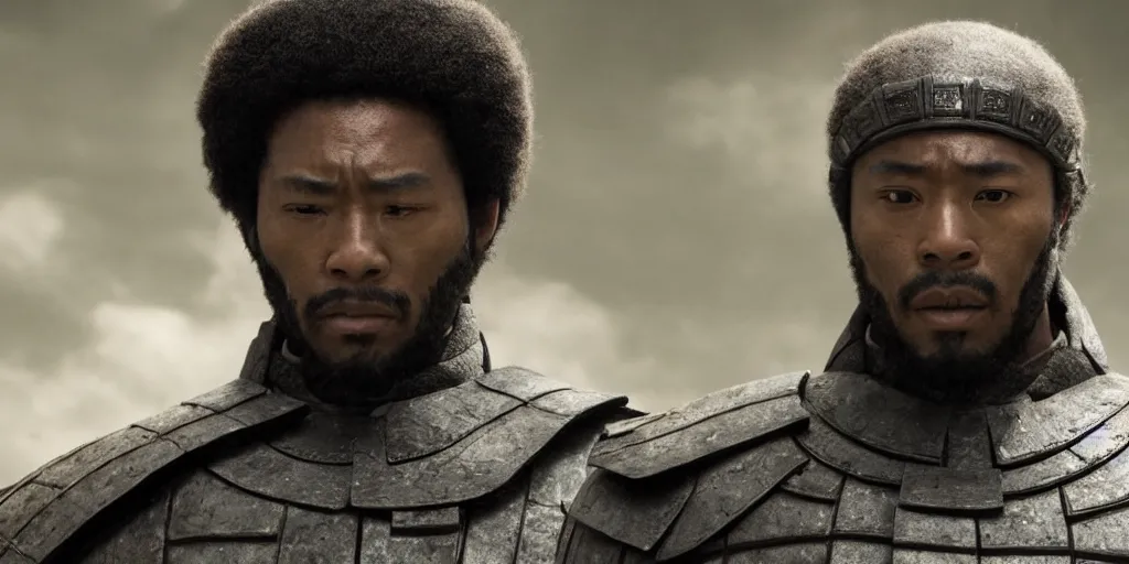Image similar to a film still of a black man starring in a japanese blockbuster film as an ancient samurai, shallow depth of field, cinematic, award winning cgi, vfx, film still