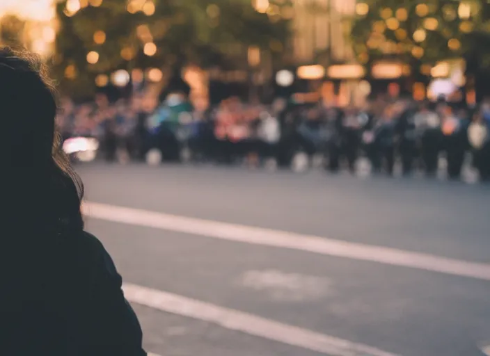 Image similar to a 3 5 mm photo from the back of a woman watching a parade, splash art, movie still, bokeh, canon 5 0 mm, cinematic lighting, dramatic, film, photography, golden hour, depth of field, award - winning, anamorphic lens flare, 8 k, hyper detailed, 3 5 mm film grain