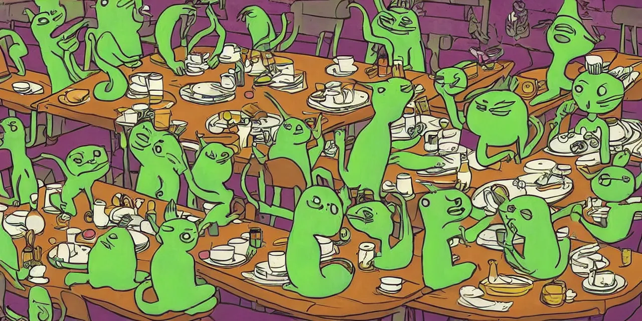 Prompt: long table big family style diner in the artistic style of slightly surreal cat in the cat book iconography but replace cat with little green aliens wearing costumes highly detailed