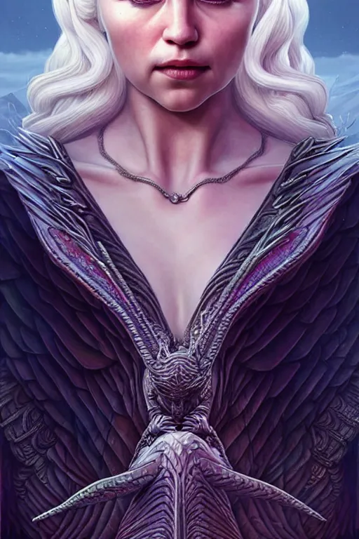 Prompt: beautiful daenerys targaryen ( khaleesi ) portrait, art deco, fantasy, intricate art deco dragon designs, elegant, highly detailed fractals, sharp focus, game of thrones art by artgerm and beeple and greg rutkowski and wlop