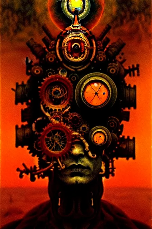 Prompt: by beksinski, by diane arbus!!!, photorealistic head portrait of a mechanical occult shaman mystic with ornate shiny steampunk headdress standing in front of a butane fire next to mechanical shrubs in a desert on saturn, dramatic lighting, octane render, sharp focus, hyperrealism, photorealism, facing camera,