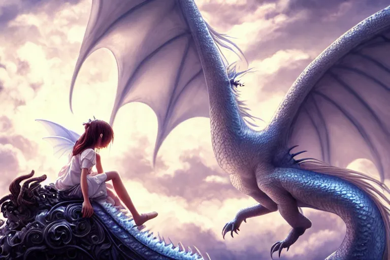 Image similar to the beautiful hyper detailed big scene render that a beautiful girl sitting on the back of a huge silver white dragon alone in fairyland surrounded by white clouds, finely detailed angelic face delicate features, style of studio ghibli, makoto shinkai, artgerm, karol bak, kazuki tanahashi, james jean, ross tran, xision, ultra wide angle