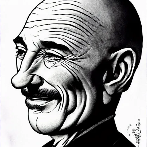 Prompt: ben kingsley is an ice cream ball in an ice cream cone. he is vanilla. caricature, colorful ink, by moebius