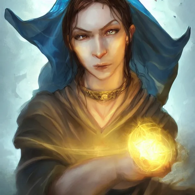 Prompt: Female Cleric with kerchief covering her ears, casting a glowing spell. Blue eyes, black hair, porcelain skin, full lips, high slanted cheekbones. Fantasy art, detailed, dramatic lighting, illustration, award winning on Artstation, D&D, Dungeons and Dragons, roleplaying, magic, magick, spells, mystical.