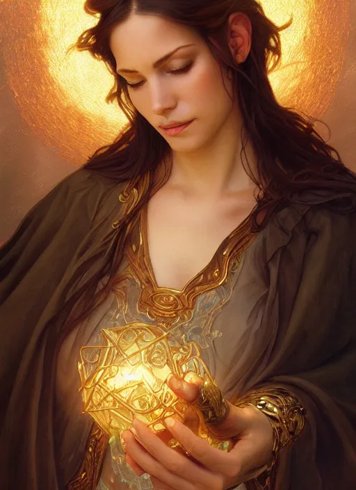 Image similar to close up portrait of beautiful angel holding golden orb of light, d & d, face, fantasy, intricate, elegant, highly detailed, digital painting, artstation, concept art, smooth, sharp focus, illustration, art by artgerm and greg rutkowski and alphonse mucha