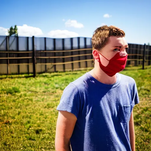 Image similar to young white guy in a red bandana staring at a blue sky with a fence in the background, photo, photoshoot, detailed