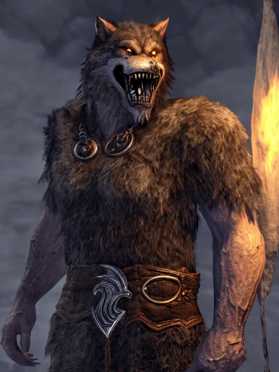 Prompt: cute handsome calm happy relaxed cuddly burly surly werewolf from van helsing unreal engine hyperreallistic render 8k character concept art masterpiece screenshot from the video game the Elder Scrolls V: Skyrim