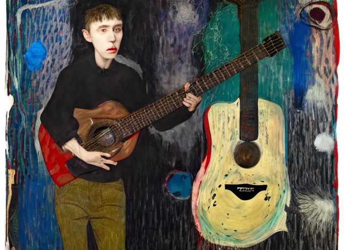 Image similar to nervous boy with acoustic guitar, vincent lefevre and hernan bas and pat steir and peter doig and hilma af klint, psychological, photorealistic, dripping paint, washy brush, rendered in octane, altermodern, masterpiece