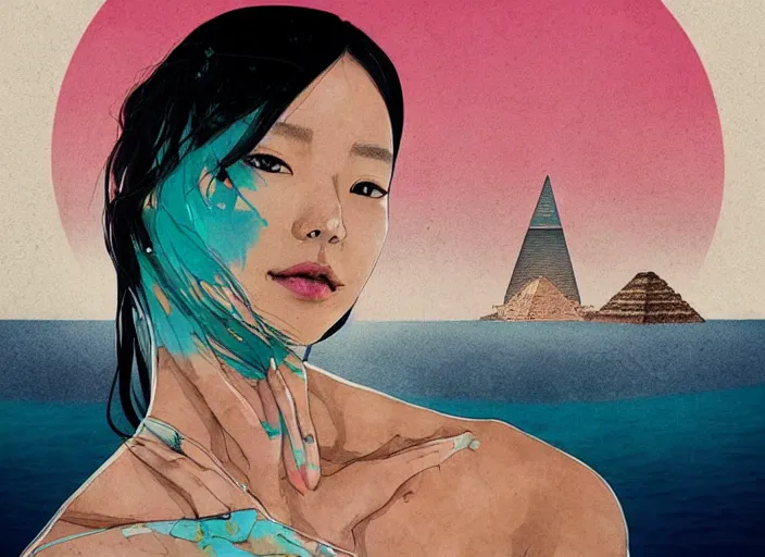 Image similar to lee jin - eun in luxurious dress emerging from turquoise water in egyptian pyramid city during an eclipse by conrad roset, m. k. kaluta, martine johanna, rule of thirds, elegant look, beautiful, chic, face anatomy, cute complexion