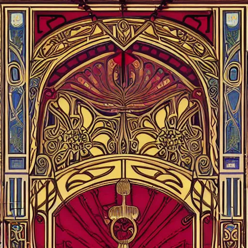 Image similar to symmetrical mural painting from the early 1 9 0 0 s in the style of art nouveau, red curtains, art nouveau design elements, art nouveau ornament, scrolls, flowers, flower petals, rose, opera house architectural elements, mucha, masonic symbols, masonic lodge, joseph maria olbrich, simple, iconic, masonic art, masterpiece, trending on artstation