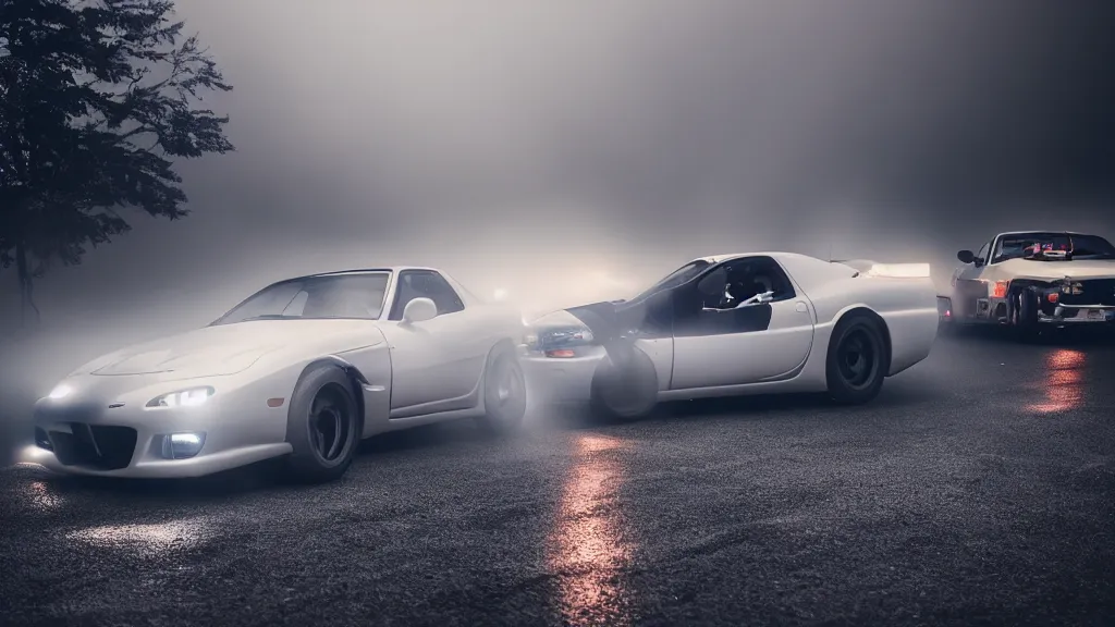 Image similar to mazda rx 7 fc with pop up headlights, cinematic, long exposure, white balance, 8 k, led, lumen global illumination, fog, ray tracing reflections