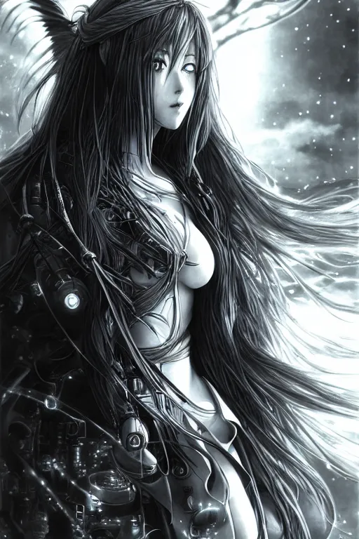 Image similar to a vertical portrait of a character in a scenic environment by Yoshitaka Amano, black and white, dreamy, cybernetic plate armor, wavy long black hair, highly detailed