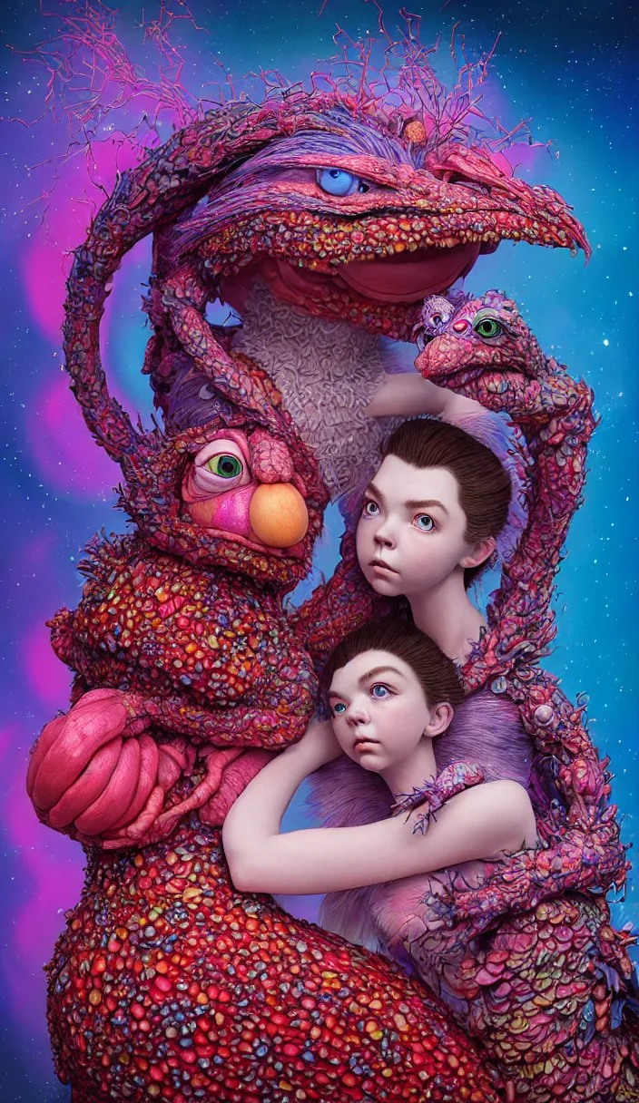 Image similar to hyper detailed 3d render like a Oil painting - kawaii portrait of two Aurora (a beautiful skeksis muppet fae princess protective playful from dark crystal that looks like Anya Taylor-Joy) seen red carpet photoshoot in UVIVF posing in scaly dress to Eat of the Strangling network of yellowcake aerochrome and milky Fruit and His delicate Hands hold of gossamer polyp blossoms bring iridescent fungal flowers whose spores black the foolish stars by Jacek Yerka, Ilya Kuvshinov, Mariusz Lewandowski, Houdini algorithmic generative render, Abstract brush strokes, Masterpiece, Edward Hopper and James Gilleard, Zdzislaw Beksinski, Mark Ryden, Wolfgang Lettl, hints of Yayoi Kasuma and Dr. Seuss, octane render, 8k