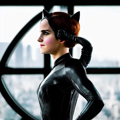 Prompt: Emma Watson as Catwoman, XF IQ4, 100MP, 50mm, f/1.4, ISO 200, 1/160s, natural light, Adobe Lightroom, photolab, Affinity Photo, PhotoDirector 365