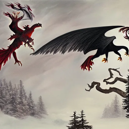 Image similar to a black eagle with red eyes and an ethereal white dragon fighting each other over a spruce tree forest