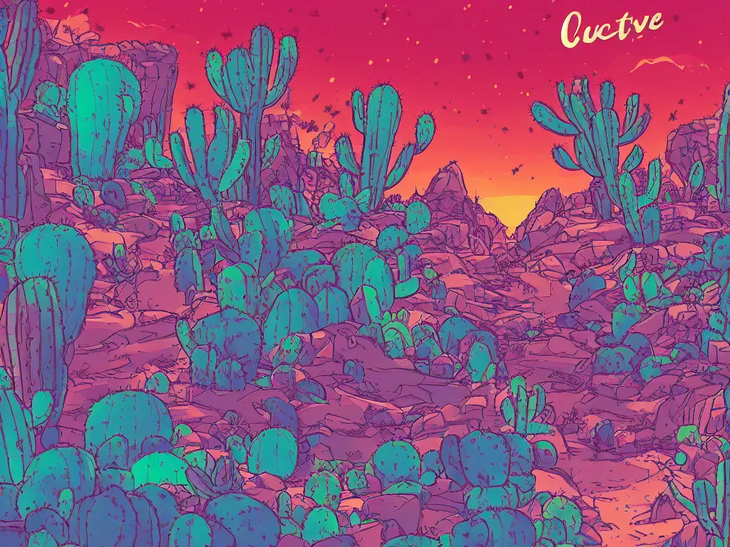 Image similar to vector illustration!!!! duotone!! desert rave inside of cactus cave!!!!!! cinematic composition!! poster design!