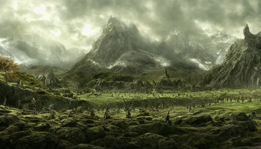 Image similar to matte painting of a huge lord of the rings battlefield