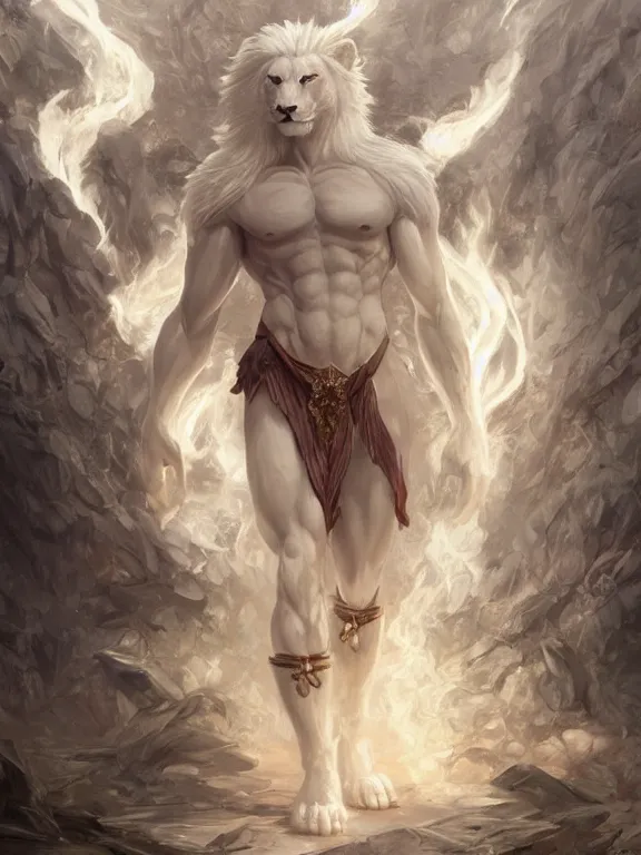 Image similar to muscular male albino anthropomorphic anthro furry white lion summoner with a fire elemental, fantasy, man, intricate, elegant, highly detailed, digital painting, artstation, concept art, wallpaper, smooth, sharp focus, illustration, art by artgerm and greg rutkowski and alphonse mucha