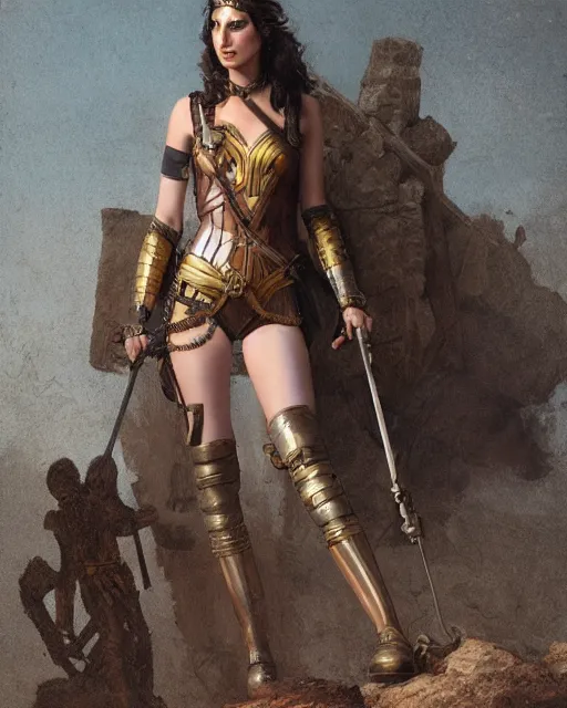 Image similar to highly detailed steampunk gal gadot standing, iron age : leonardo da vinci, greg rutkowski, magali villeneuve