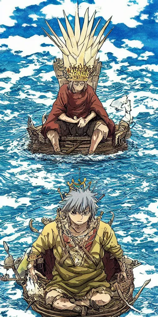 Prompt: a lone king sitting on a throne floating on water in the middle of a lake drawn by Makoto Yukimura in the style of Vinland saga anime, full color, detailed