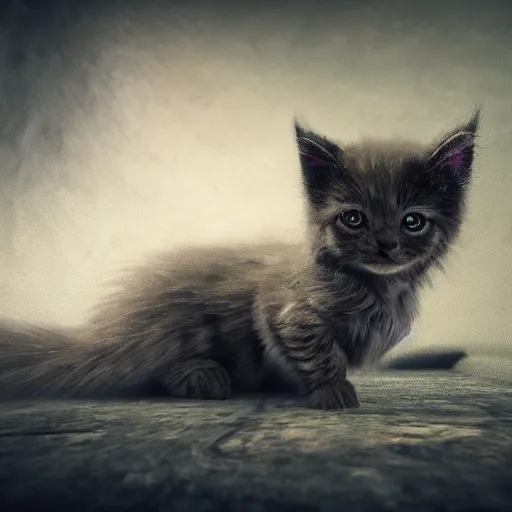 Image similar to full body pose, hyperrealistic photograph of gothic kitten, dim volumetric lighting, 8 k, octane beautifully detailed render, extremely hyper detailed, intricate, epic composition, cinematic lighting, masterpiece, trending on artstation, very very detailed, stunning, hdr, smooth, sharp focus, high resolution, award, winning photo, dslr, 5 0 mm