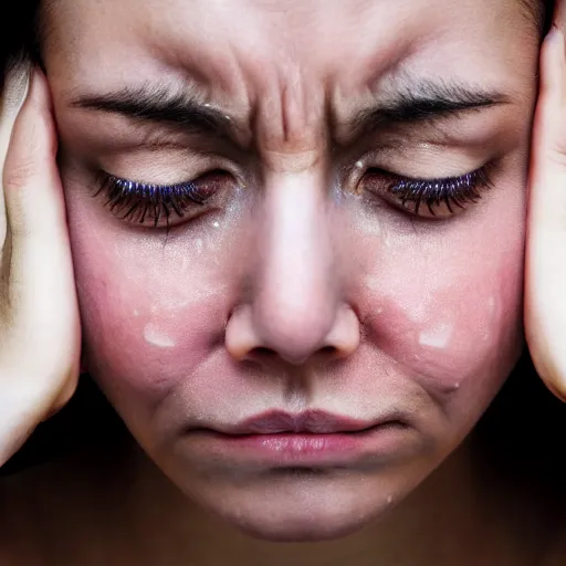 Prompt: first - person close - up photograph of a crying woman, 4 k, professional photography