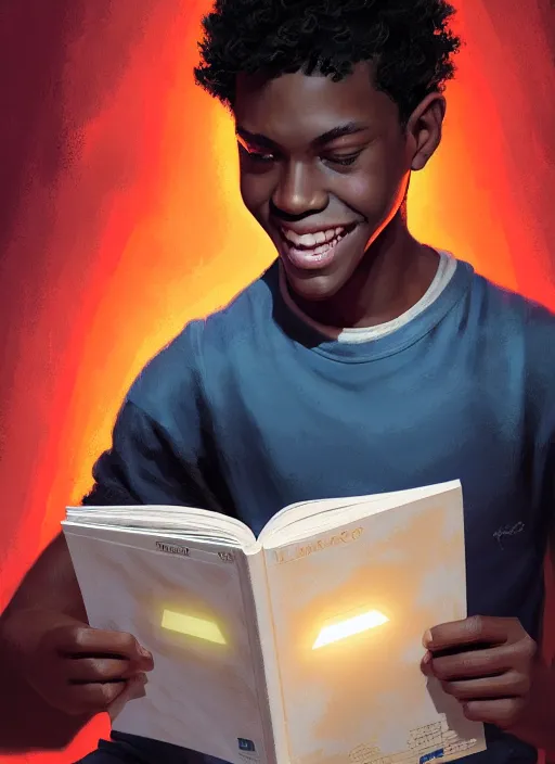 Image similar to portrait of teenage chuck clayton, black teenage boy, short curly hair, short hair square jaw, slight excited smile, reading a comic book, intricate, elegant, glowing lights, highly detailed, digital painting, artstation, concept art, smooth, sharp focus, illustration, art by wlop, mars ravelo and greg rutkowski