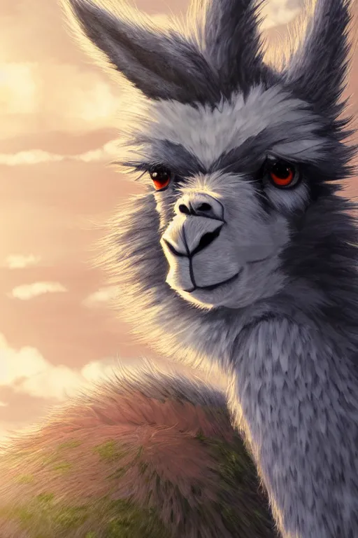 Image similar to Highly detailed anime, wild fluffy llama portrait, studio Ghibli, Makoto Shinkai,