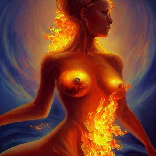 Image similar to A beautiful painting of a goddess with a body made of flames by Jim Burns, fantasy, Trending on artstation.