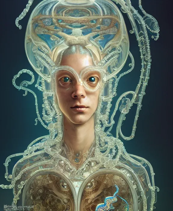 Image similar to intricate ornate opulent transparent clear see - through portrait of a cybernetic beautiful male alien sea slug, mottled coloring, adorable, childlike, apocalyptic environment, ultra realistic, concept art, art nouveau, photorealistic, octane render, 8 k, unreal engine. art by christopher marley and artgerm and greg rutkowski and alphonse mucha