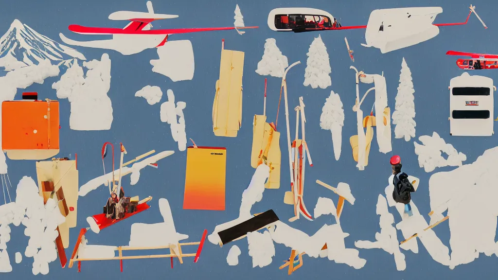 Prompt: an arrangement of skiing traveller props, japan, a collage painting, in the style of wes anderson, lola dupre, david hockney, isolated on negative white space background dark monochrome neon spraypaint accents volumetric octane render