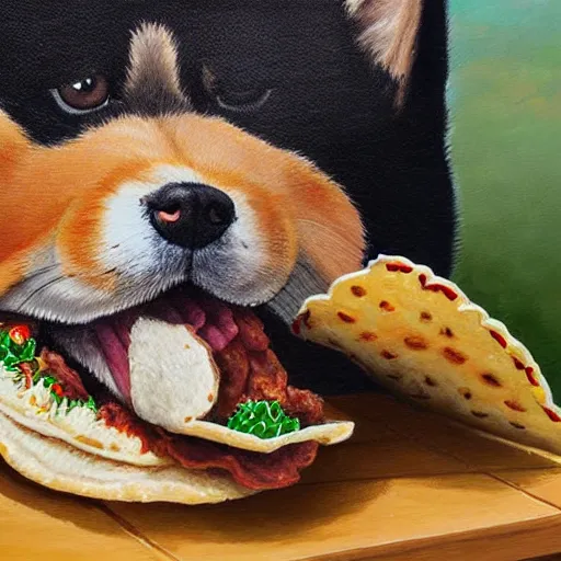 Prompt: beautiful detailed painting of a shiba inu eating a taco