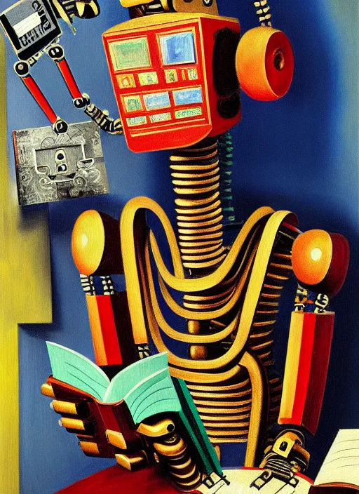 Image similar to portrait of a robot reading a book, highly detailed, painting by otto dix, 8 k